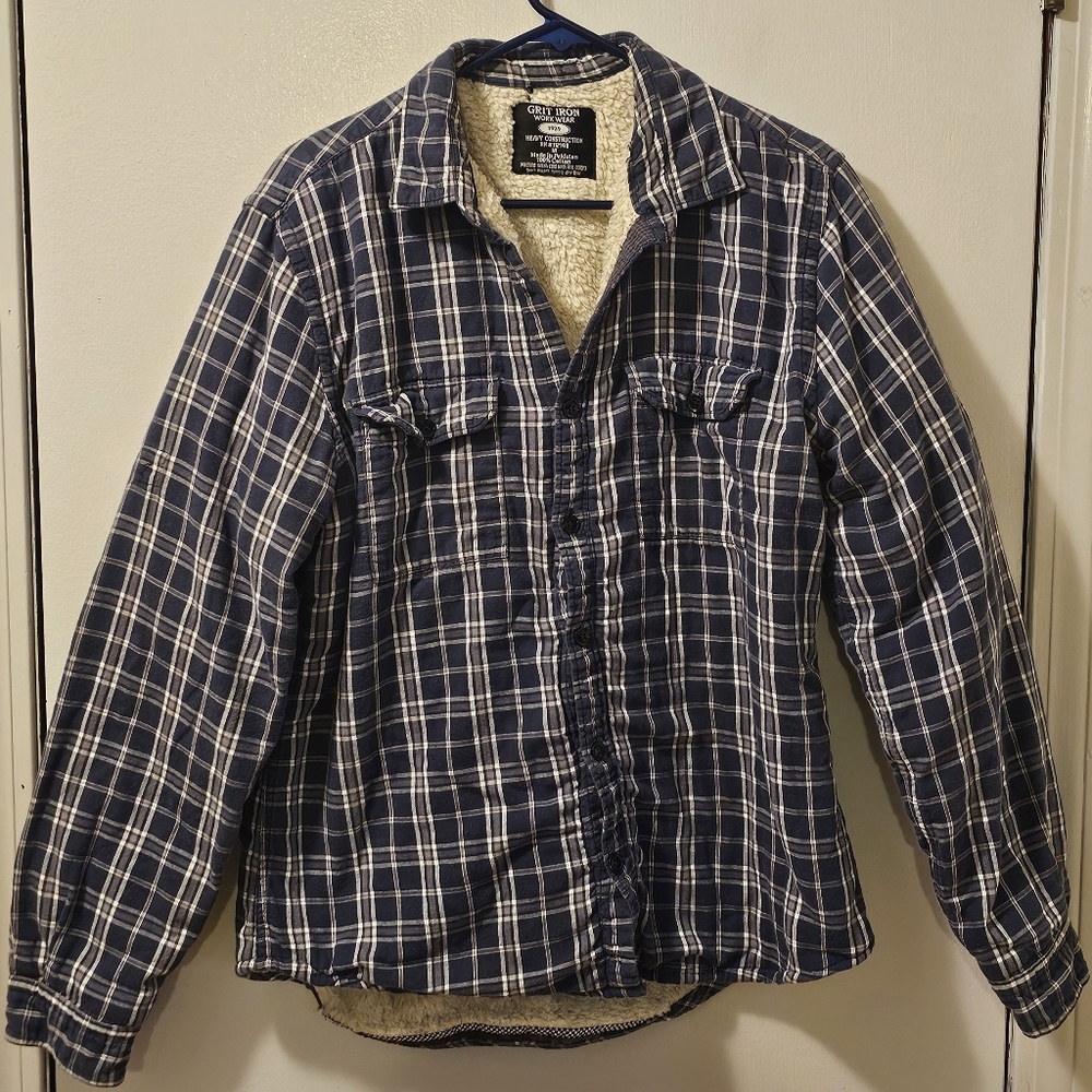 VTG 90s Grit Iron Workwear Sherpa Lined Flannel Jacket Men's Sz M Missing Button
